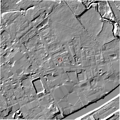 Shaded relief map of the ground around WF133EX, computed from Environment Agency LiDAR. The ground here sits at about 42 m above sea level and falls 13 m across the surrounding 800 m. Surface water reaching this point runs off ground lying to the east, 1.2 m higher.