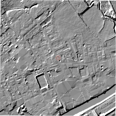 Shaded relief map of the ground around WF133EY, computed from Environment Agency LiDAR. The ground here sits at about 42 m above sea level and falls 12 m across the surrounding 800 m. Surface water reaching this point runs off ground lying to the south-west, 0.5 m higher.
