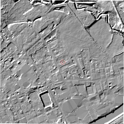 Shaded relief map of the ground around WF133EZ, computed from Environment Agency LiDAR. The ground here sits at about 42 m above sea level and falls 13 m across the surrounding 800 m. Surface water reaching this point runs off ground lying to the east, 0.7 m higher.