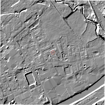 Shaded relief map of the ground around WF133FA, computed from Environment Agency LiDAR. The ground here sits at about 42 m above sea level and falls 15 m across the surrounding 800 m. Surface water reaching this point runs off ground lying to the south-west, 1.2 m higher.