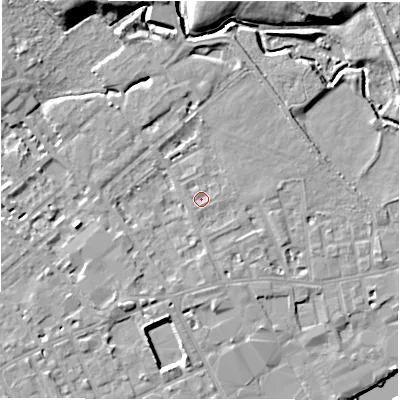 Shaded relief map of the ground around WF133HA, computed from Environment Agency LiDAR. The ground here sits at about 41 m above sea level and falls 13 m across the surrounding 800 m. Surface water reaching this point runs off ground lying to the south, 0.7 m higher.
