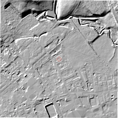 Shaded relief map of the ground around WF133HB, computed from Environment Agency LiDAR. The ground here sits at about 41 m above sea level and falls 16 m across the surrounding 800 m. Surface water reaching this point runs off ground lying to the east-south-east, 0.6 m higher.