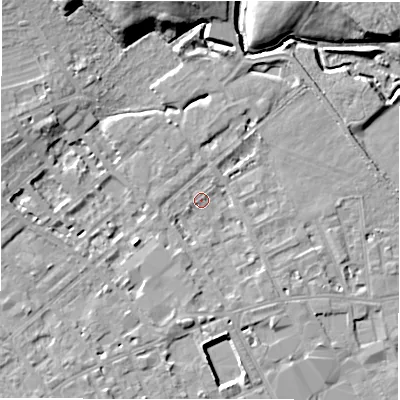 Shaded relief map of the ground around WF133HD, computed from Environment Agency LiDAR. The ground here sits at about 42 m above sea level and falls 13 m across the surrounding 800 m. Surface water reaching this point runs off ground lying to the north-north-west, 12.0 m higher.