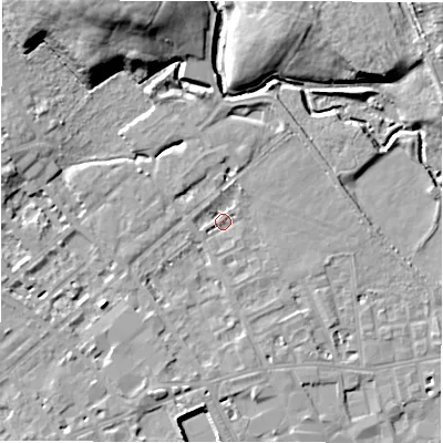 Shaded relief map of the ground around WF133HE, computed from Environment Agency LiDAR. The ground here sits at about 42 m above sea level and falls 18 m across the surrounding 800 m. Surface water reaching this point runs off ground lying to the north-north-west, 16.5 m higher.