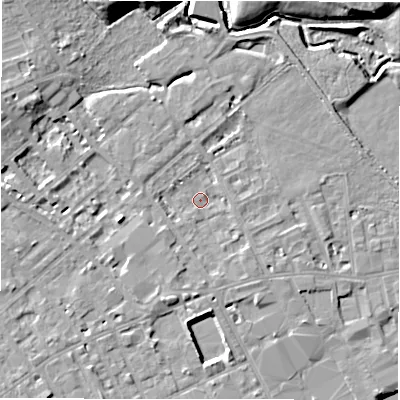 Shaded relief map of the ground around WF133HF, computed from Environment Agency LiDAR. The ground here sits at about 41 m above sea level and falls 12 m across the surrounding 800 m. Surface water reaching this point runs off ground lying to the west-south-west, 3.7 m higher.