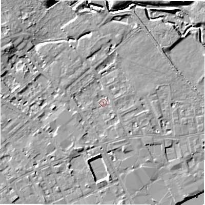 Shaded relief map of the ground around WF133HG, computed from Environment Agency LiDAR. The ground here sits at about 41 m above sea level and falls 10 m across the surrounding 800 m. Surface water reaching this point runs off ground lying to the west, 3.5 m higher.