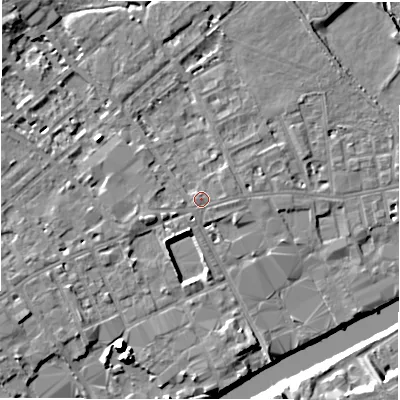 Shaded relief map of the ground around WF133HH, computed from Environment Agency LiDAR. The ground here sits at about 42 m above sea level and falls 11 m across the surrounding 800 m. The ground contributing surface water to this point lies to the west.