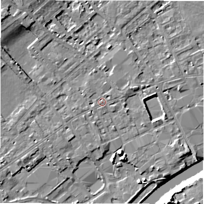 Shaded relief map of the ground around WF133HL, computed from Environment Agency LiDAR. The ground here sits at about 42 m above sea level and falls 16 m across the surrounding 800 m. Surface water reaching this point runs off ground lying to the west-south-west, 2.0 m higher.