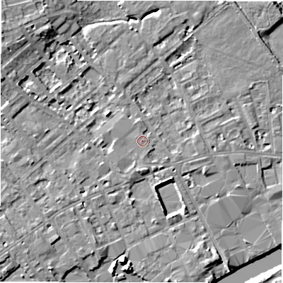 Shaded relief map of the ground around WF133HN, computed from Environment Agency LiDAR. The ground here sits at about 43 m above sea level and falls 10 m across the surrounding 800 m. Surface water reaching this point runs off ground lying to the south-south-east, 0.8 m higher.