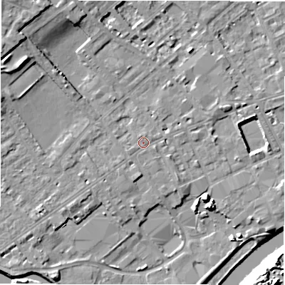 Shaded relief map of the ground around WF133HP, computed from Environment Agency LiDAR. The ground here sits at about 43 m above sea level and falls 20 m across the surrounding 800 m. Surface water reaching this point runs off ground lying to the west-south-west, 0.7 m higher.