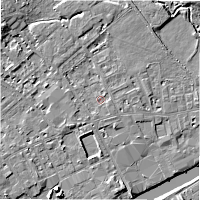 Shaded relief map of the ground around WF133HQ, computed from Environment Agency LiDAR. The ground here sits at about 41 m above sea level and falls 10 m across the surrounding 800 m. Surface water reaching this point runs off ground lying to the south-south-west, 1.5 m higher.