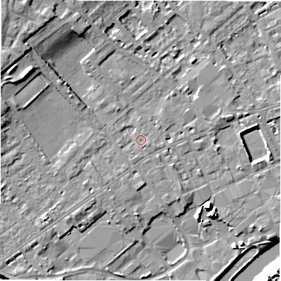 Shaded relief map of the ground around WF133HS, computed from Environment Agency LiDAR. The ground here sits at about 42 m above sea level and falls 16 m across the surrounding 800 m. Surface water reaching this point runs off ground lying to the south-south-west, 1.0 m higher.