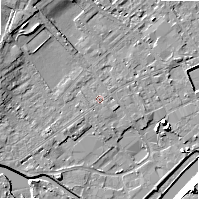 Shaded relief map of the ground around WF133HU, computed from Environment Agency LiDAR. The ground here sits at about 43 m above sea level and falls 22 m across the surrounding 800 m. Surface water reaching this point runs off ground lying to the south-west, 0.7 m higher.