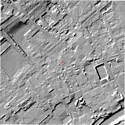 Shaded relief map of the ground around WF133HW, computed from Environment Agency LiDAR. The ground here sits at about 42 m above sea level and falls 13 m across the surrounding 800 m. Surface water reaching this point runs off ground lying to the south-west, 2.0 m higher.