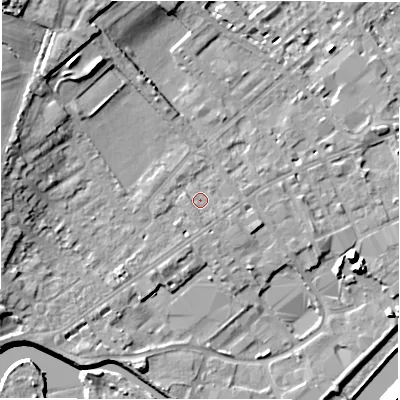 Shaded relief map of the ground around WF133HX, computed from Environment Agency LiDAR. The ground here sits at about 42 m above sea level and falls 16 m across the surrounding 800 m. Surface water reaching this point runs off ground lying to the south-west, 1.0 m higher.