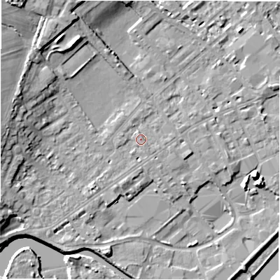 Shaded relief map of the ground around WF133HY, computed from Environment Agency LiDAR. The ground here sits at about 43 m above sea level and falls 15 m across the surrounding 800 m. Surface water reaching this point runs off ground lying to the east-south-east, 1.0 m higher.