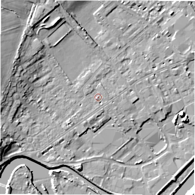 Shaded relief map of the ground around WF133HZ, computed from Environment Agency LiDAR. The ground here sits at about 43 m above sea level and falls 15 m across the surrounding 800 m. Surface water reaching this point runs off ground lying to the south-west, 0.8 m higher.