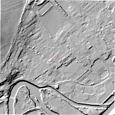 Shaded relief map of the ground around WF133JA, computed from Environment Agency LiDAR. The ground here sits at about 43 m above sea level and falls 17 m across the surrounding 800 m. Surface water reaching this point runs off ground lying to the east-south-east, 0.8 m higher.