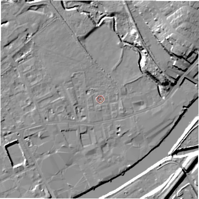 Shaded relief map of the ground around WF133JD, computed from Environment Agency LiDAR. The ground here sits at about 41 m above sea level and falls 22 m across the surrounding 800 m. Surface water reaching this point runs off ground lying to the south-west, 0.9 m higher.