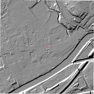 Shaded relief map of the ground around WF133JE, computed from Environment Agency LiDAR. The ground here sits at about 41 m above sea level and falls 20 m across the surrounding 800 m. Surface water reaching this point runs off ground lying to the west, 2.9 m higher.