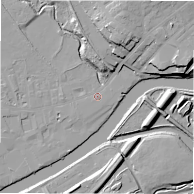 Shaded relief map of the ground around WF133JF, computed from Environment Agency LiDAR. The ground here sits at about 41 m above sea level and falls 25 m across the surrounding 800 m. Surface water reaching this point runs off ground lying to the north-north-east, 19.8 m higher.