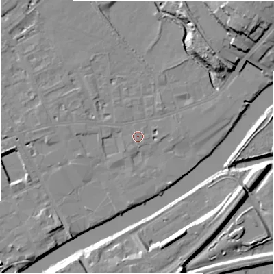 Shaded relief map of the ground around WF133JH, computed from Environment Agency LiDAR. The ground here sits at about 41 m above sea level and falls 19 m across the surrounding 800 m. Surface water reaching this point runs off ground lying to the south, 0.5 m higher.