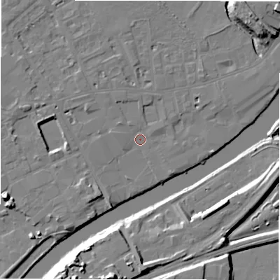 Shaded relief map of the ground around WF133JL, computed from Environment Agency LiDAR. The ground here sits at about 41 m above sea level and falls 20 m across the surrounding 800 m. Surface water reaching this point runs off ground lying to the north-north-west, 1.8 m higher.