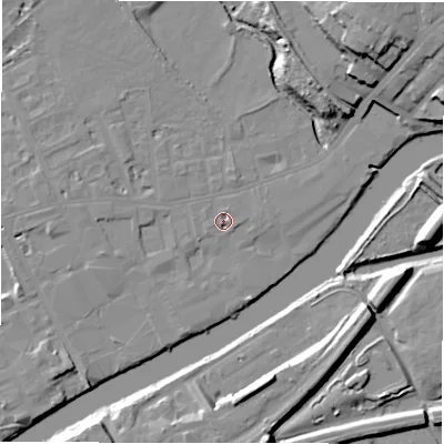 Shaded relief map of the ground around WF133JQ, computed from Environment Agency LiDAR. The ground here sits at about 41 m above sea level and falls 19 m across the surrounding 800 m. Surface water reaching this point runs off ground lying to the north-north-east, 1.9 m higher.
