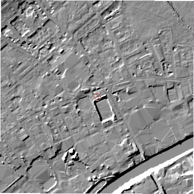 Shaded relief map of the ground around WF133JR, computed from Environment Agency LiDAR. The ground here sits at about 42 m above sea level and falls 13 m across the surrounding 800 m. Surface water reaching this point runs off ground lying to the south, 4.2 m higher.