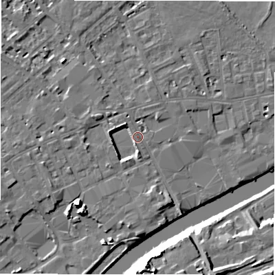 Shaded relief map of the ground around WF133JS, computed from Environment Agency LiDAR. The ground here sits at about 42 m above sea level and falls 16 m across the surrounding 800 m. Surface water reaching this point runs off ground lying to the west, 4.2 m higher.