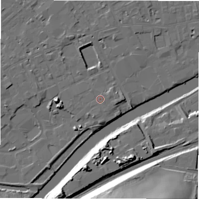 Shaded relief map of the ground around WF133JU, computed from Environment Agency LiDAR. The ground here sits at about 42 m above sea level and falls 32 m across the surrounding 800 m. Surface water reaching this point runs off ground lying to the east-south-east, 1.8 m higher.