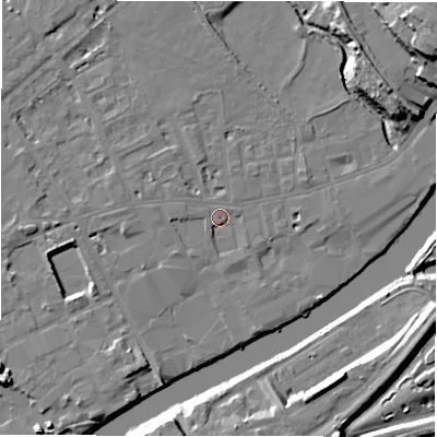 Shaded relief map of the ground around WF133JW, computed from Environment Agency LiDAR. The ground here sits at about 41 m above sea level and falls 19 m across the surrounding 800 m. Surface water reaching this point runs off ground lying to the west-north-west, 1.2 m higher.