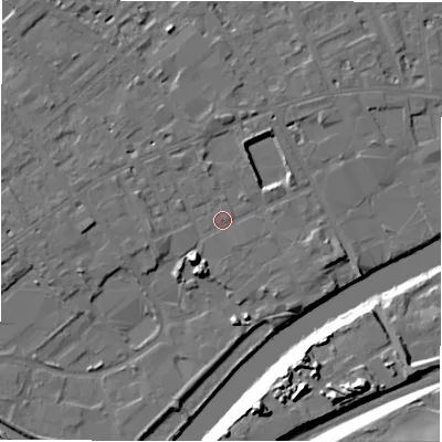 Shaded relief map of the ground around WF133JX, computed from Environment Agency LiDAR. The ground here sits at about 42 m above sea level and falls 23 m across the surrounding 800 m. Surface water reaching this point runs off ground lying to the south-south-east, 0.7 m higher.