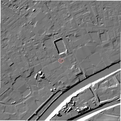 Shaded relief map of the ground around WF133JY, computed from Environment Agency LiDAR. The ground here sits at about 42 m above sea level and falls 22 m across the surrounding 800 m. Surface water reaching this point runs off ground lying to the north-north-west, 2.3 m higher.