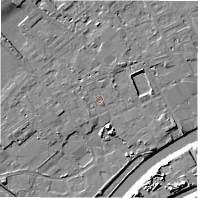 Shaded relief map of the ground around WF133LA, computed from Environment Agency LiDAR. The ground here sits at about 42 m above sea level and falls 22 m across the surrounding 800 m. Surface water reaching this point runs off ground lying to the west, 1.8 m higher.