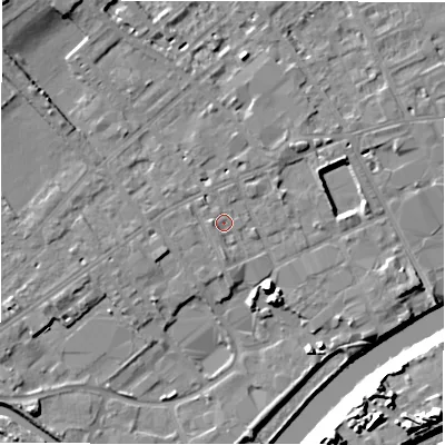 Shaded relief map of the ground around WF133LB, computed from Environment Agency LiDAR. The ground here sits at about 42 m above sea level and falls 22 m across the surrounding 800 m. Surface water reaching this point runs off ground lying to the west, 1.8 m higher.