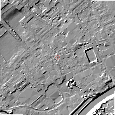 Shaded relief map of the ground around WF133LD, computed from Environment Agency LiDAR. The ground here sits at about 42 m above sea level and falls 20 m across the surrounding 800 m. Surface water reaching this point runs off ground lying to the south, 1.8 m higher.