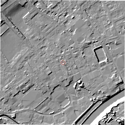 Shaded relief map of the ground around WF133LE, computed from Environment Agency LiDAR. The ground here sits at about 42 m above sea level and falls 22 m across the surrounding 800 m. Surface water reaching this point runs off ground lying to the south-south-east, 1.8 m higher.