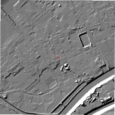 Shaded relief map of the ground around WF133LF, computed from Environment Agency LiDAR. The ground here sits at about 42 m above sea level and falls 24 m across the surrounding 800 m. Surface water reaching this point runs off ground lying to the west, 1.3 m higher.