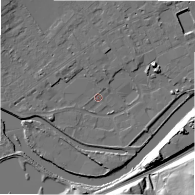 Shaded relief map of the ground around WF133LG, computed from Environment Agency LiDAR. The ground here sits at about 41 m above sea level and falls 36 m across the surrounding 800 m. Surface water reaching this point runs off ground lying to the west-south-west, 5.2 m higher.