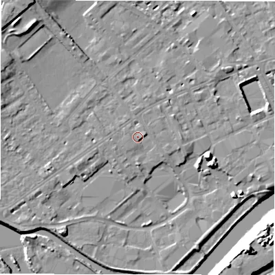 Shaded relief map of the ground around WF133LJ, computed from Environment Agency LiDAR. The ground here sits at about 43 m above sea level and falls 22 m across the surrounding 800 m. Surface water reaching this point runs off ground lying to the east-north-east, 1.7 m higher.