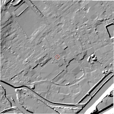 Shaded relief map of the ground around WF133LL, computed from Environment Agency LiDAR. The ground here sits at about 43 m above sea level and falls 25 m across the surrounding 800 m. Surface water reaching this point runs off ground lying to the north-west, 0.9 m higher.