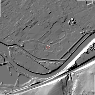 Shaded relief map of the ground around WF133LN, computed from Environment Agency LiDAR. The ground here sits at about 40 m above sea level and falls 45 m across the surrounding 800 m. Surface water reaching this point runs off ground lying to the south-west, 2.7 m higher.
