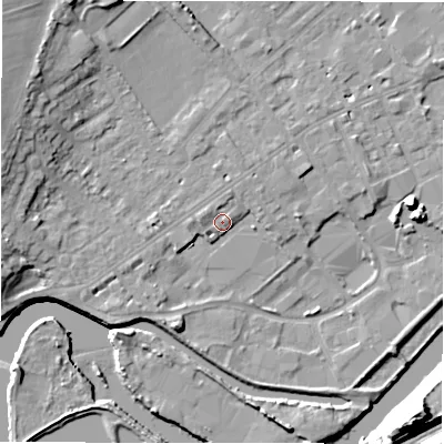 Shaded relief map of the ground around WF133LP, computed from Environment Agency LiDAR. The ground here sits at about 43 m above sea level and falls 21 m across the surrounding 800 m. Surface water reaching this point runs off ground lying to the west-north-west, 2.5 m higher.