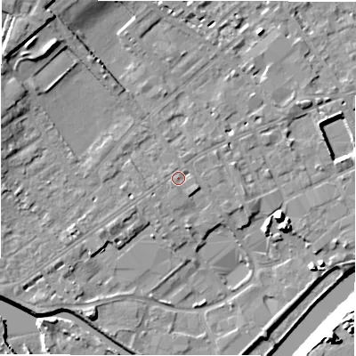 Shaded relief map of the ground around WF133LQ, computed from Environment Agency LiDAR. The ground here sits at about 43 m above sea level and falls 22 m across the surrounding 800 m. Surface water reaching this point runs off ground lying to the east-south-east, 1.4 m higher.