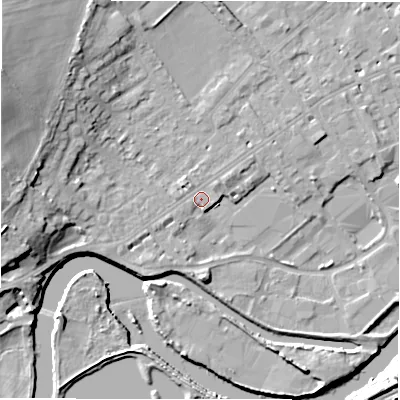 Shaded relief map of the ground around WF133LR, computed from Environment Agency LiDAR. The ground here sits at about 43 m above sea level and falls 17 m across the surrounding 800 m. Surface water reaching this point runs off ground lying to the north-east, 0.9 m higher.