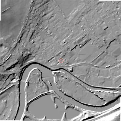 Shaded relief map of the ground around WF133LS, computed from Environment Agency LiDAR. The ground here sits at about 43 m above sea level and falls 28 m across the surrounding 800 m. Surface water reaching this point runs off ground lying to the west, 12.2 m higher.