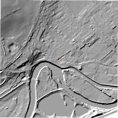 Shaded relief map of the ground around WF133LT, computed from Environment Agency LiDAR. The ground here sits at about 42 m above sea level and falls 26 m across the surrounding 800 m. Surface water reaching this point runs off ground lying to the west, 11.7 m higher.