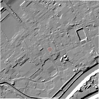 Shaded relief map of the ground around WF133LU, computed from Environment Agency LiDAR. The ground here sits at about 43 m above sea level and falls 24 m across the surrounding 800 m. Surface water reaching this point runs off ground lying to the south-east, 0.8 m higher.