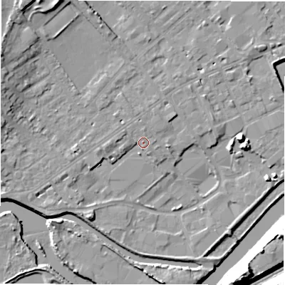 Shaded relief map of the ground around WF133LW, computed from Environment Agency LiDAR. The ground here sits at about 43 m above sea level and falls 23 m across the surrounding 800 m. Surface water reaching this point runs off ground lying to the west, 2.5 m higher.